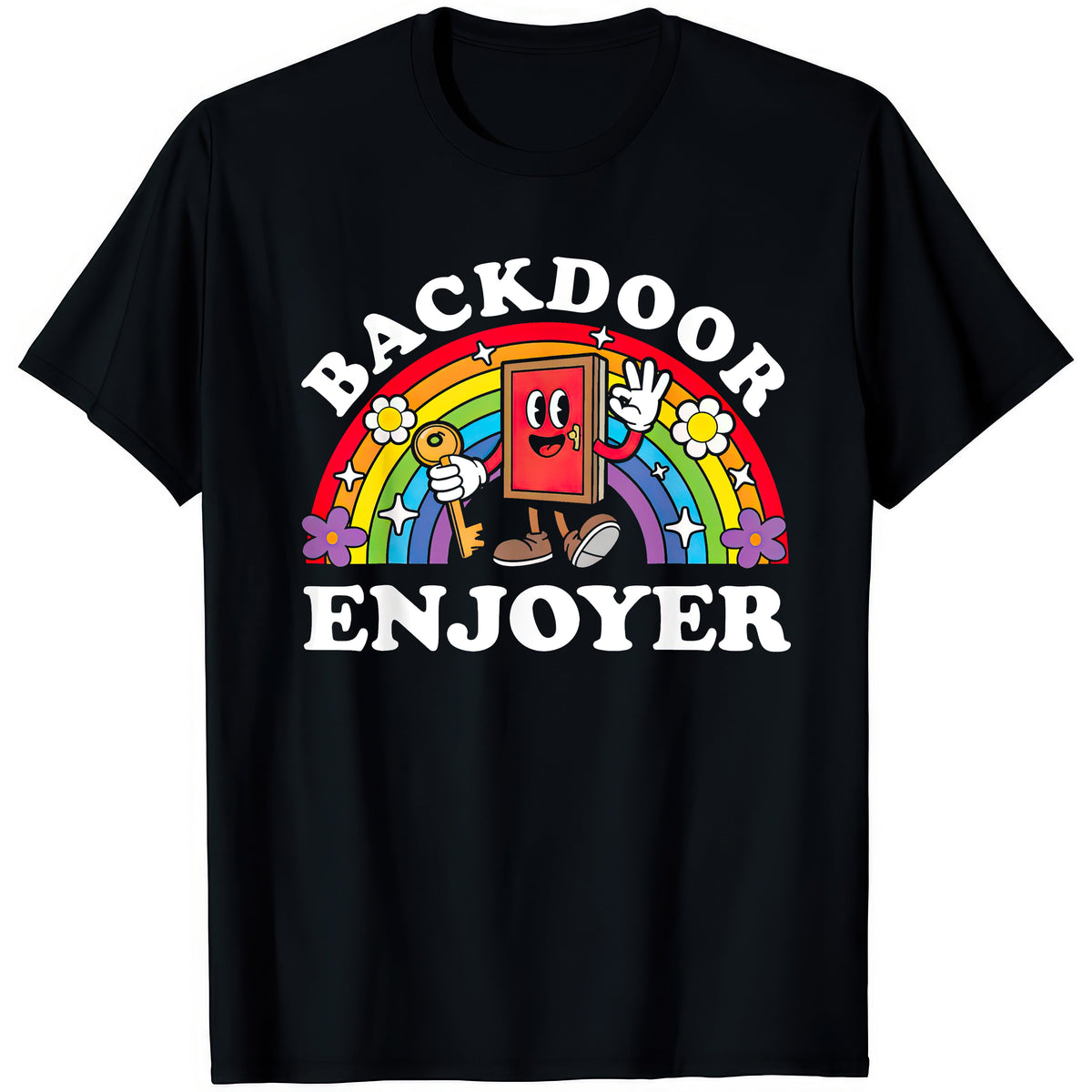 Backdoor Enjoyer — rude adult humour T-shirt from Rude Toad, black unisex tee with a retro rainbow and a cartoon door.