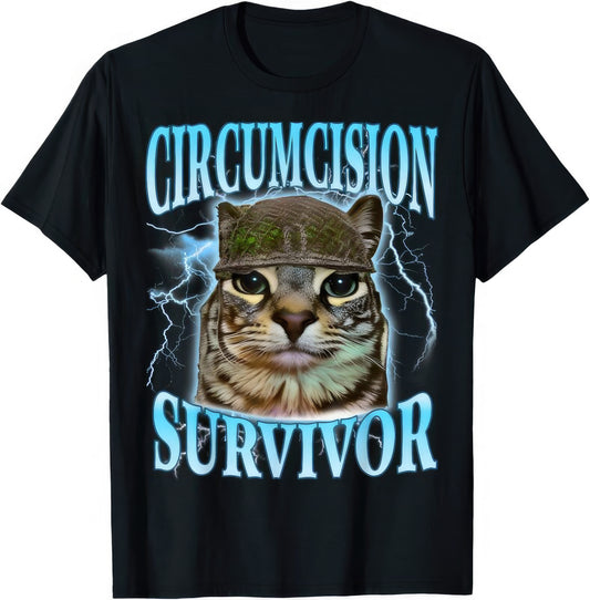 Circumcision Survivor rude adult humour T-shirt — black tee reading CIRCUMCISION SURVIVOR