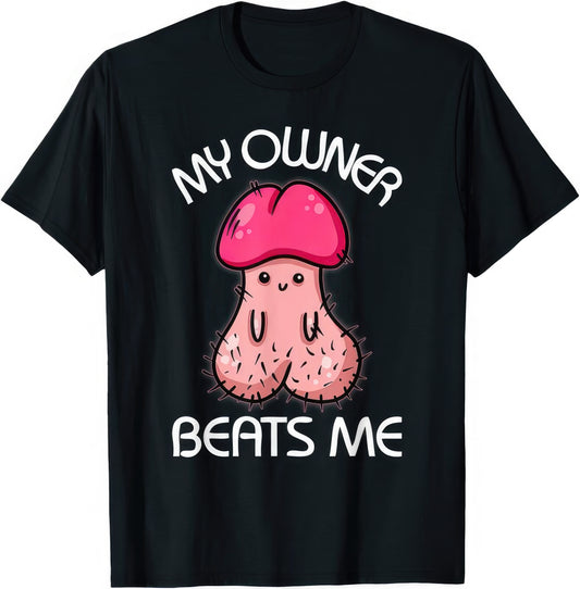 My Owner Beats Me rude adult humour T-shirt — black tee reading MY OWNER BEATS ME