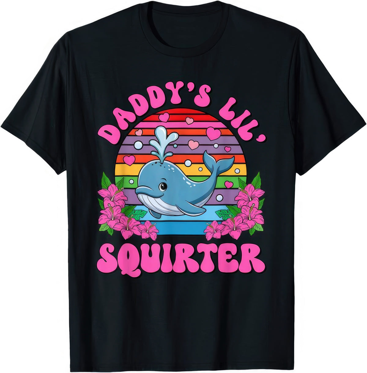 Daddy's Lil' Squirter — Retro Sunset Whale — rude adult humour T-shirt from Rude Toad, black unisex tee.