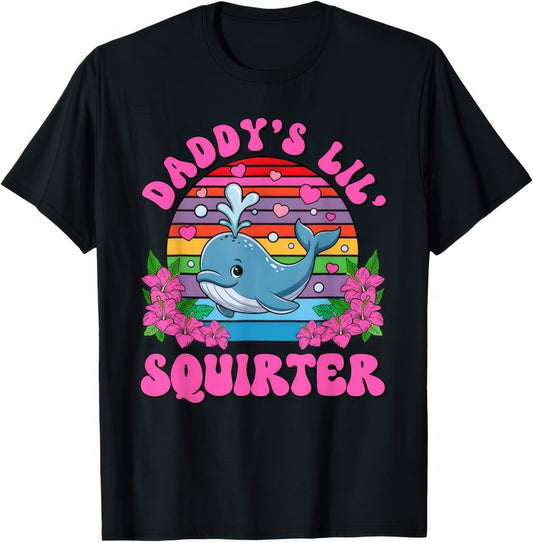 Daddy's Lil' Squirter — Retro Sunset Whale — rude adult humour T-shirt from Rude Toad, black unisex tee.