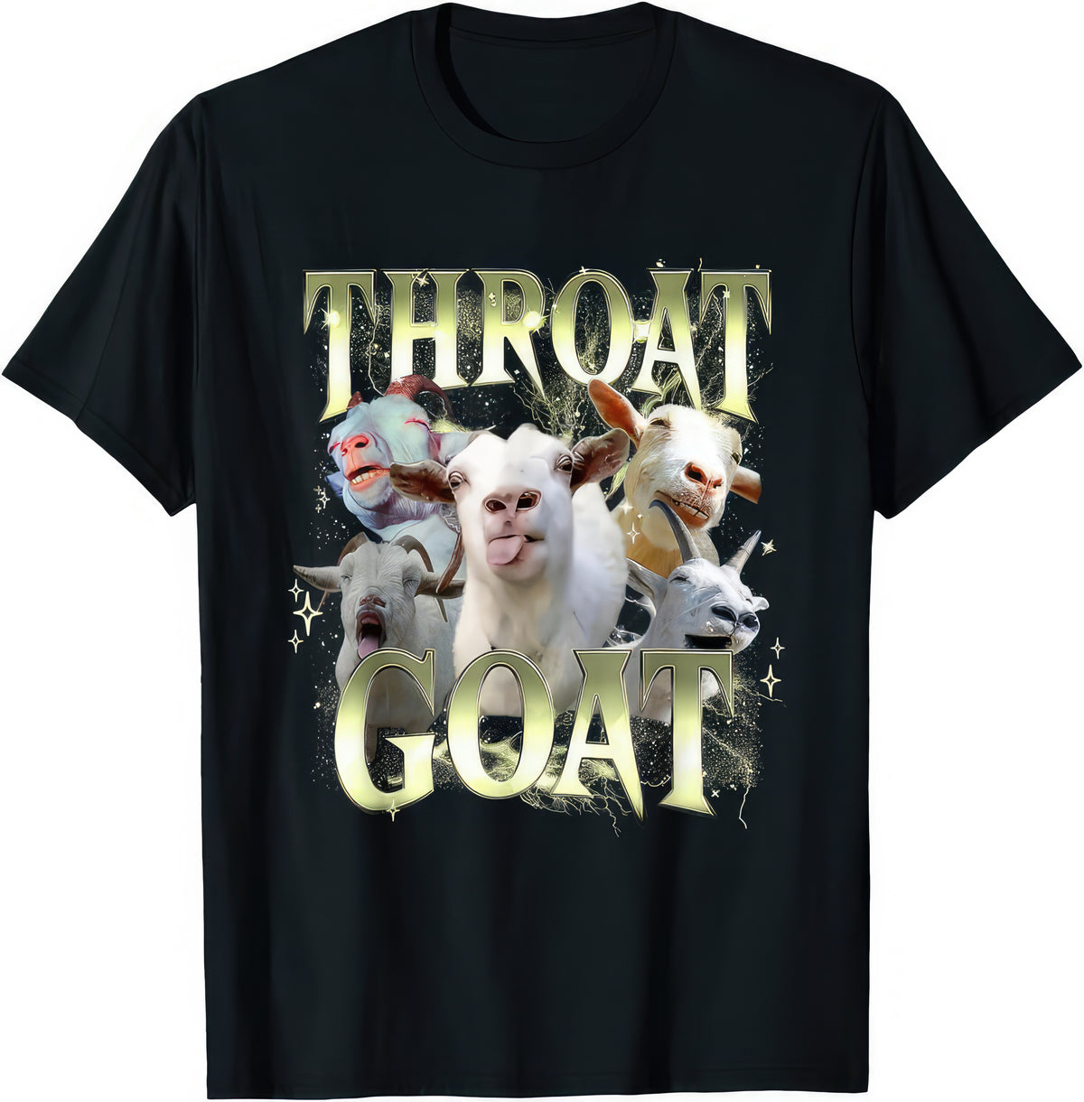 Throat Goat rude adult humour T-shirt from Rude Toad — black tee with goats and chrome lettering reading THROAT GOAT