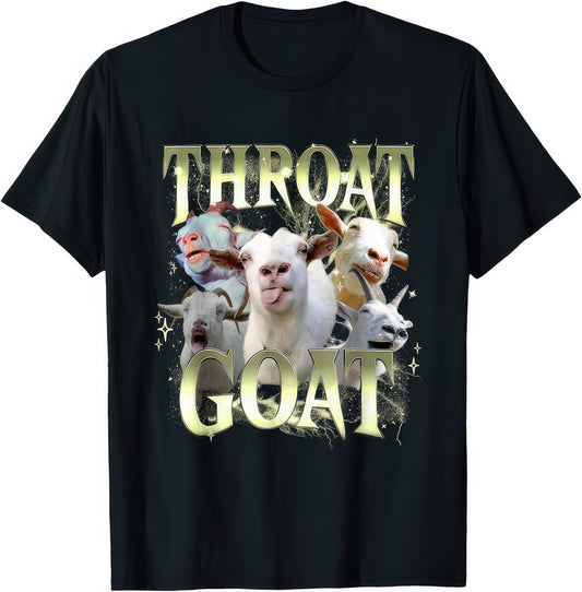 Throat Goat rude adult humour T-shirt from Rude Toad — black tee with goats and chrome lettering reading THROAT GOAT