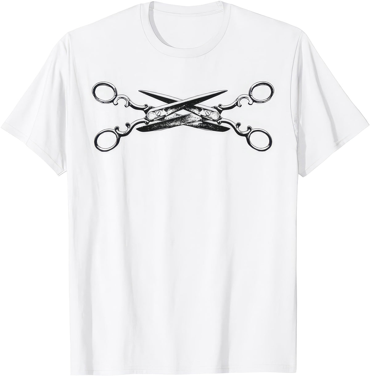 Lesbian Scissors T-shirt from Rude Toad: two pairs of crossed scissors on a white unisex tee, no slogan.