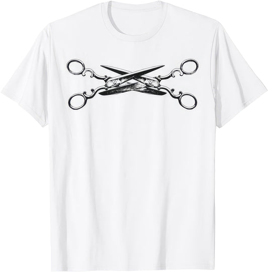 Lesbian Scissors T-shirt from Rude Toad: two pairs of crossed scissors on a white unisex tee, no slogan.