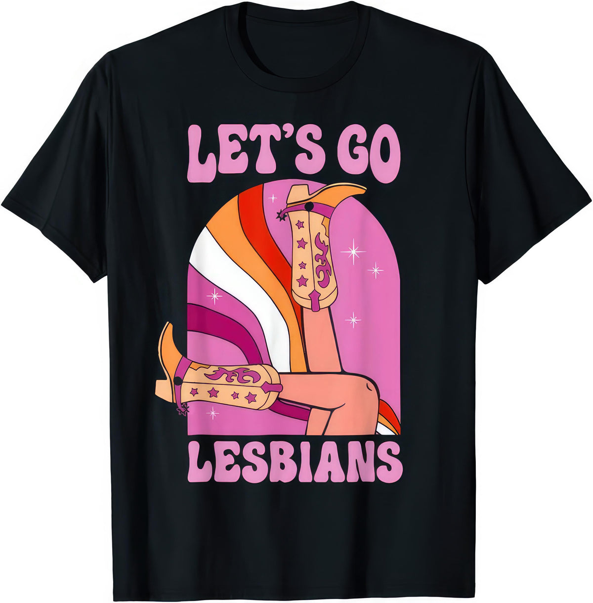 Let's Go Lesbians rude adult humour T-shirt — black tee reading LET'S GO LESBIANS