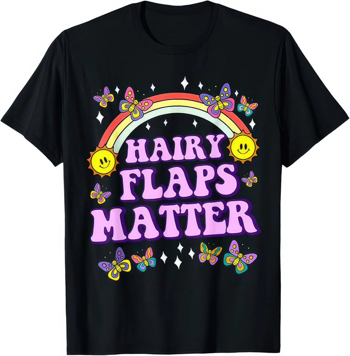 Hairy Flaps Matter rude adult humour T-shirt — black tee reading HAIRY FLAPS MATTER