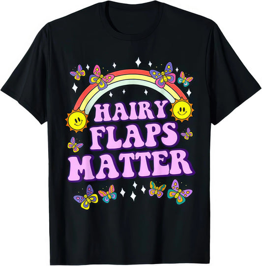 Hairy Flaps Matter rude adult humour T-shirt — black tee reading HAIRY FLAPS MATTER