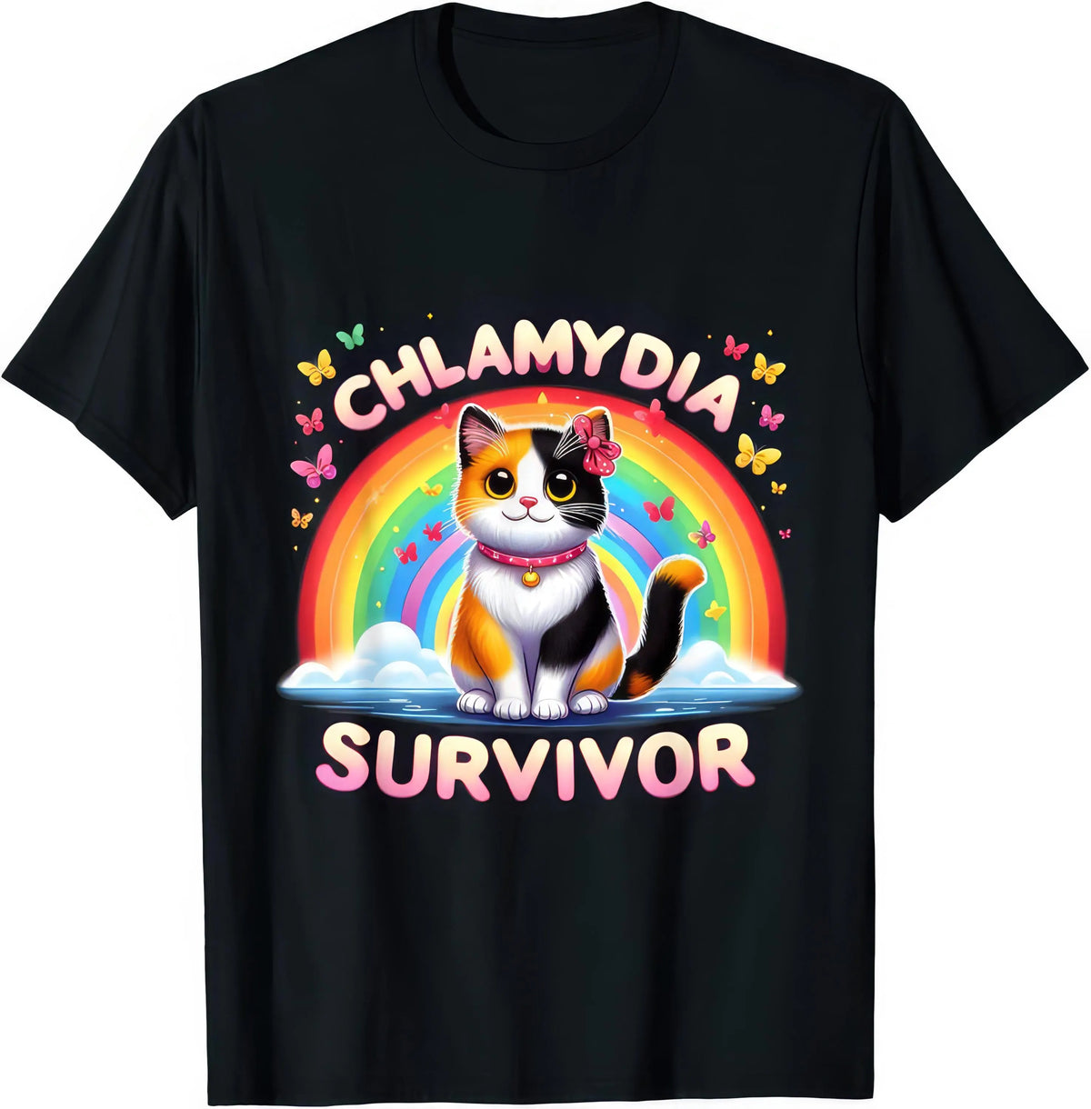 Chlamydia Survivor — Butterfly Cat — rude adult humour T-shirt from Rude Toad, black unisex tee.