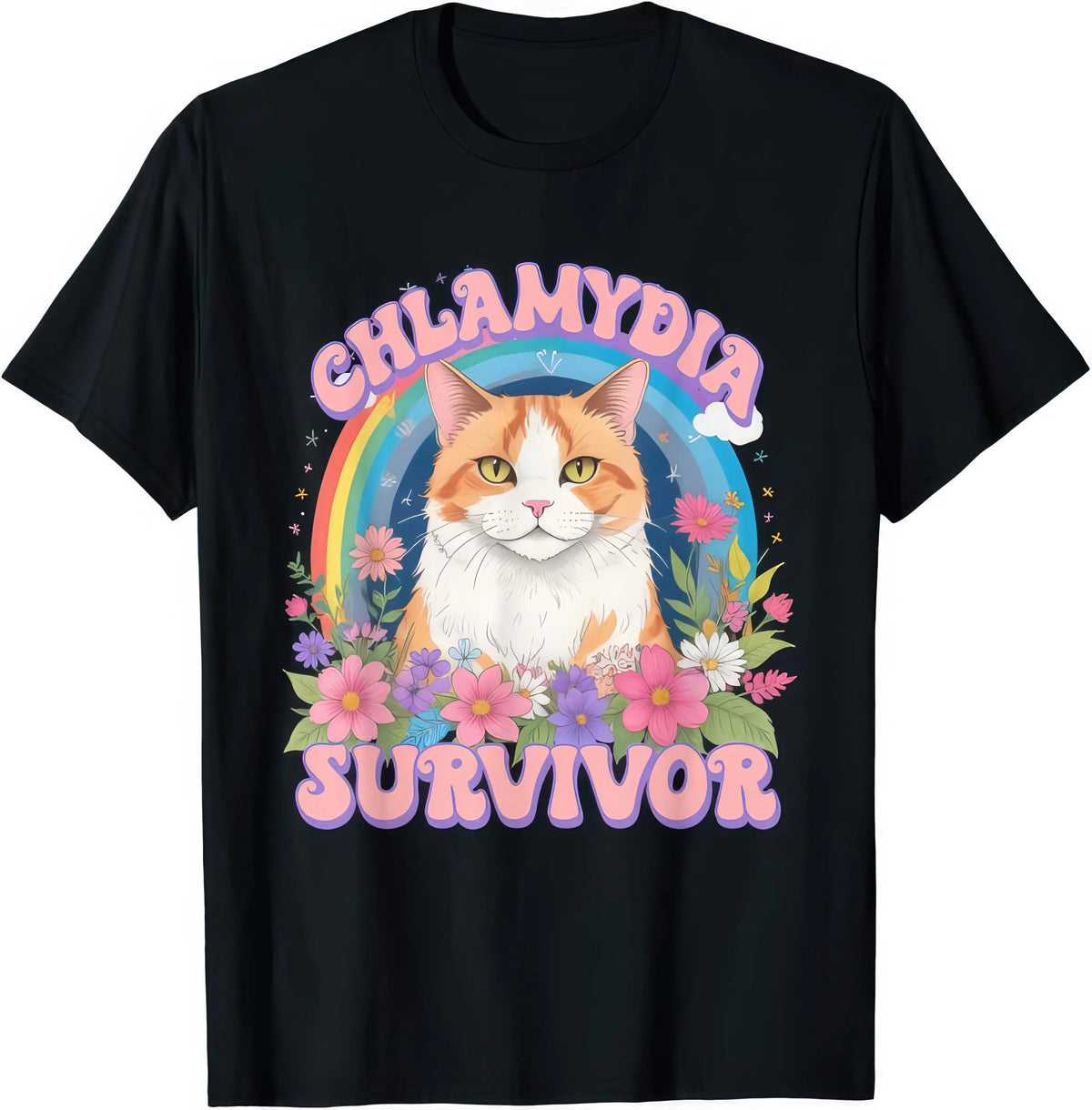Chlamydia Survivor — Flower Cat — rude adult humour T-shirt from Rude Toad, black unisex tee. Design reads: CHLAMYDIA SURVIVOR